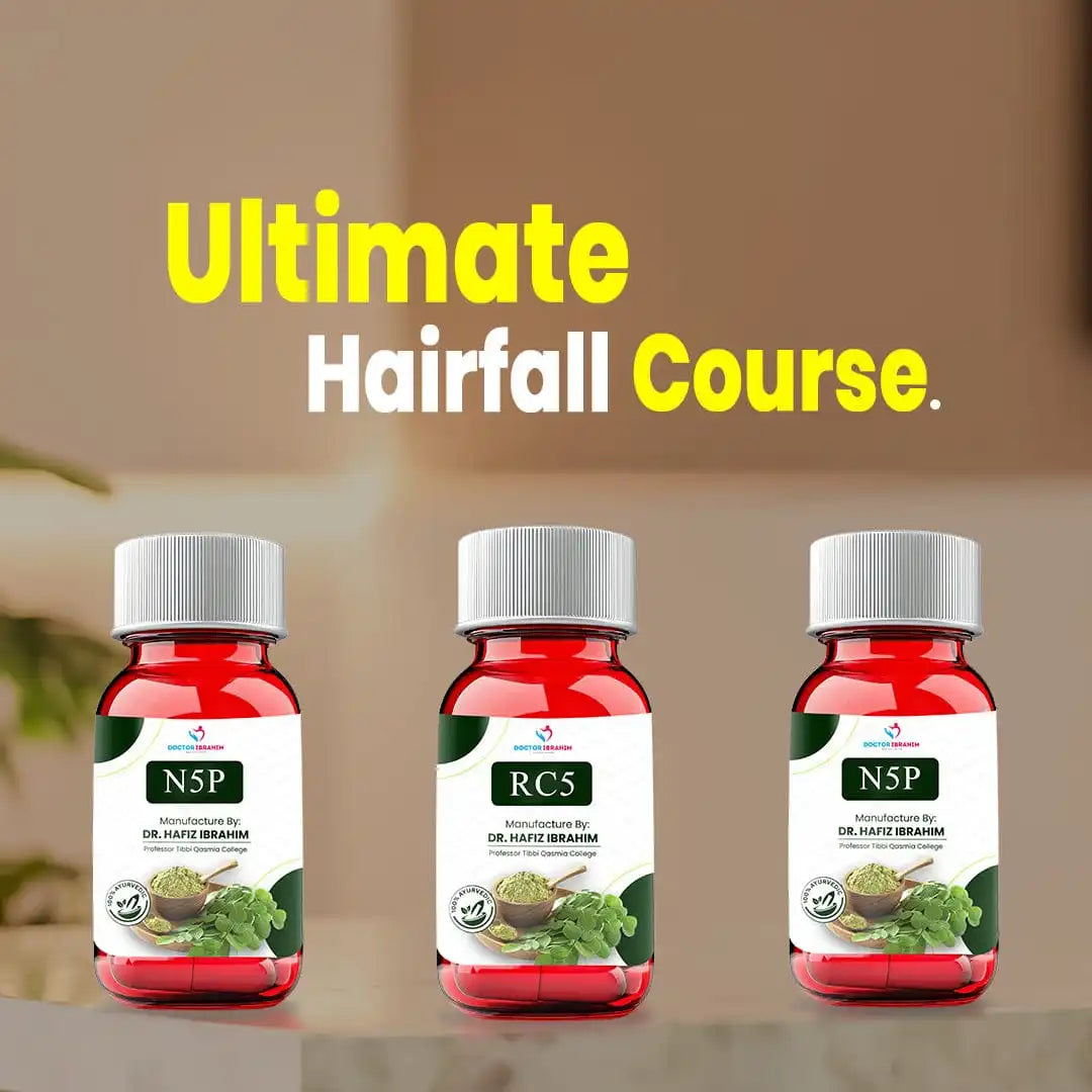 Ultimate Hairfall Course supplement set by Dr. Hafiz Ibrahim, three-bottle herbal formula for hair strength and scalp nourishment