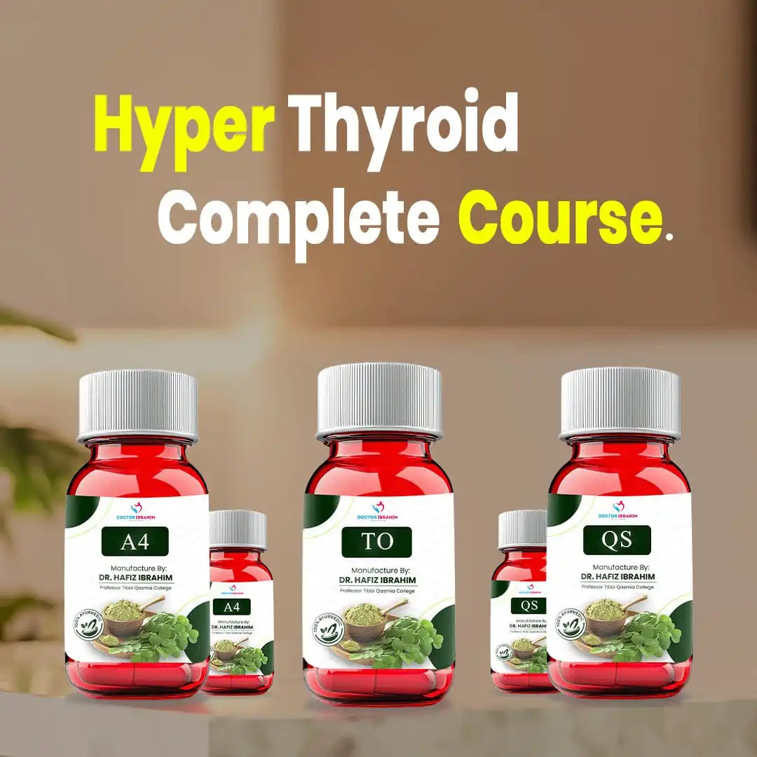Hyperthyroid Complete Course supplement set by Dr. Hafiz Ibrahim, four-bottle herbal formula for thyroid balance and overall wellness support