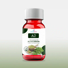 A2 herbal supplement bottle by Dr. Hafiz Ibrahim, natural formula for nausea and vomiting relief, red bottle with white and green label